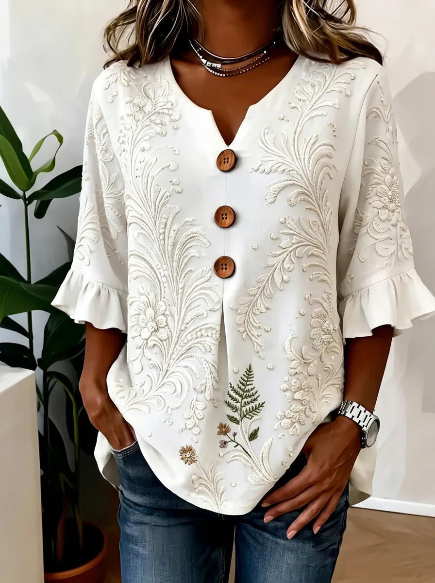 Women's Nashville Floral Embroidery Printed V-Neck Button Top