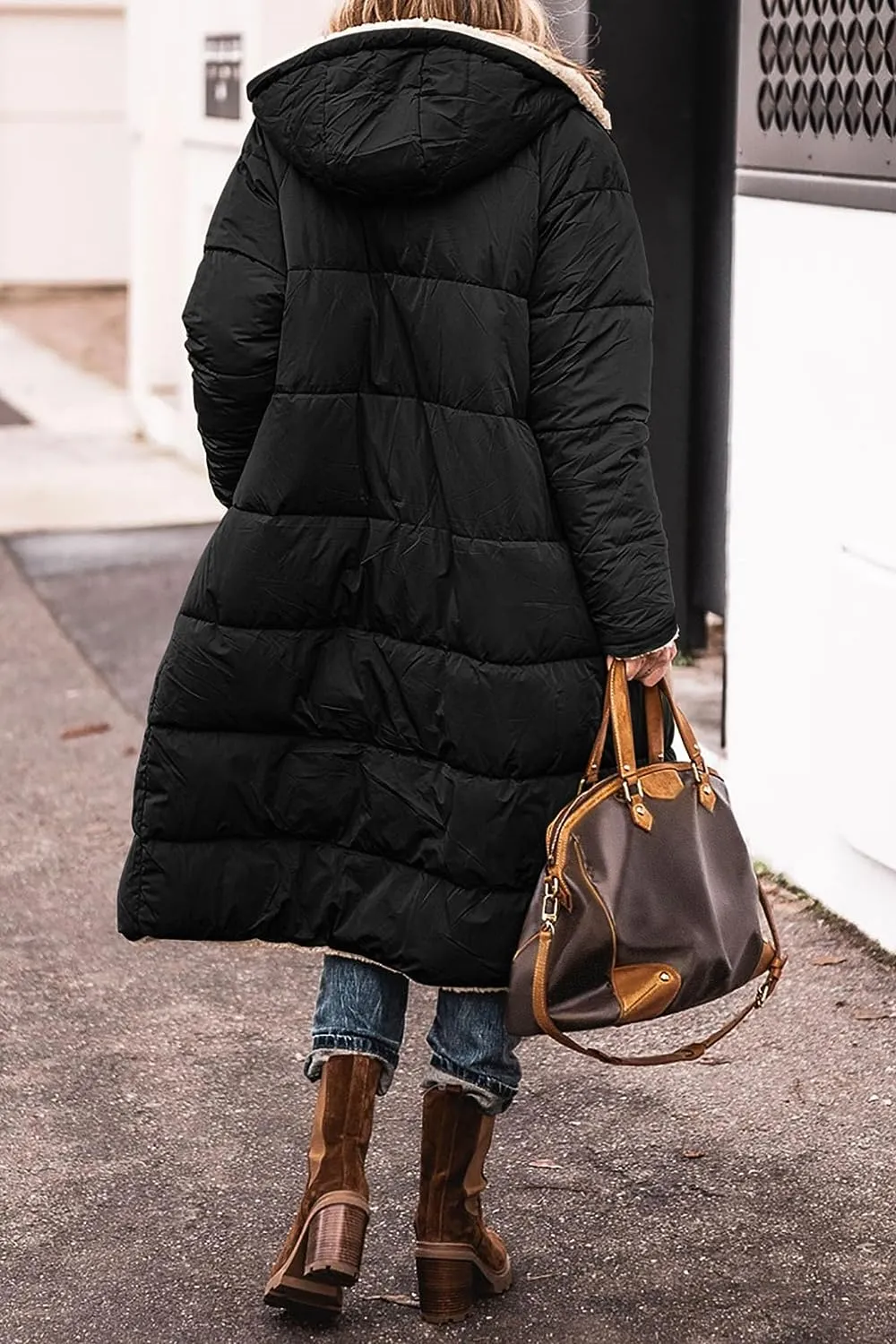 Women's 2023 Warm Winter Coats Reversible Sherpa Fleece Long Hooded Puffer Jackets Outerwear