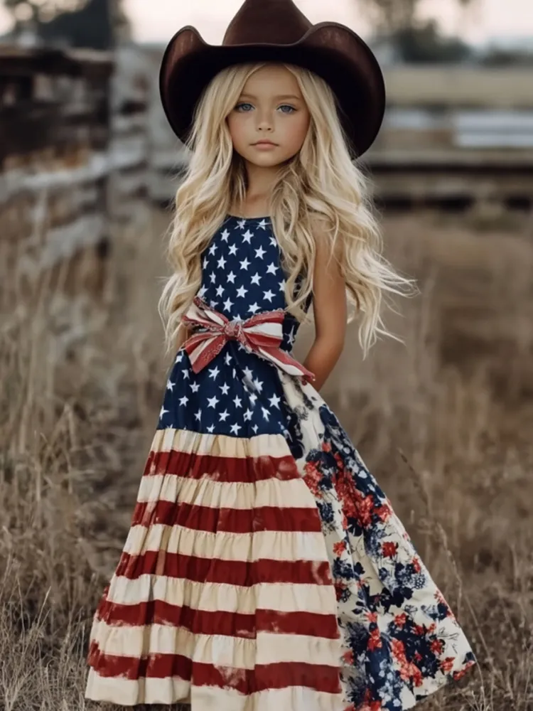 Young Girl's Independence Day America Flag Patchwork Floral With Bow Art Linen Tank Dress（with Belt）