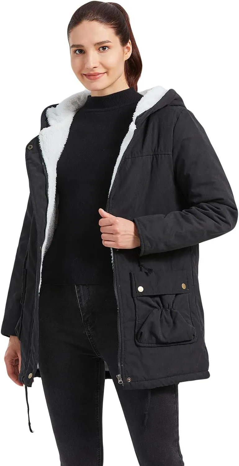 Women's Winter Mid Length Thick Warm Faux Lamb Wool Lined Jacket Coat