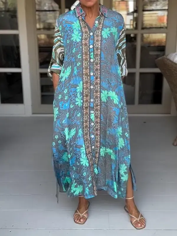 Women Sundress Boho Casual Lapel Loose Printed Dress
