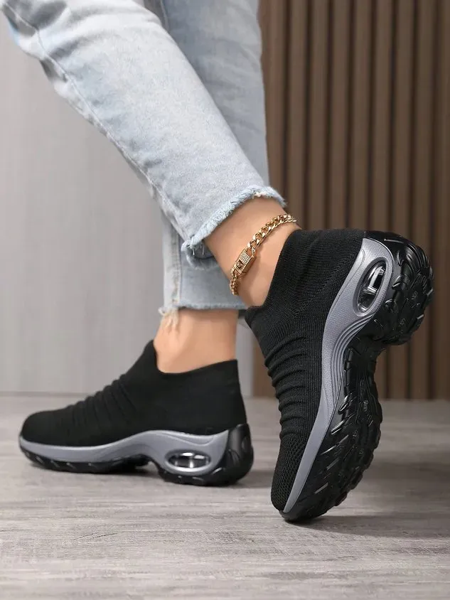 Sports Color Block Breathable Slip On Block Heel Fly Woven Shoes