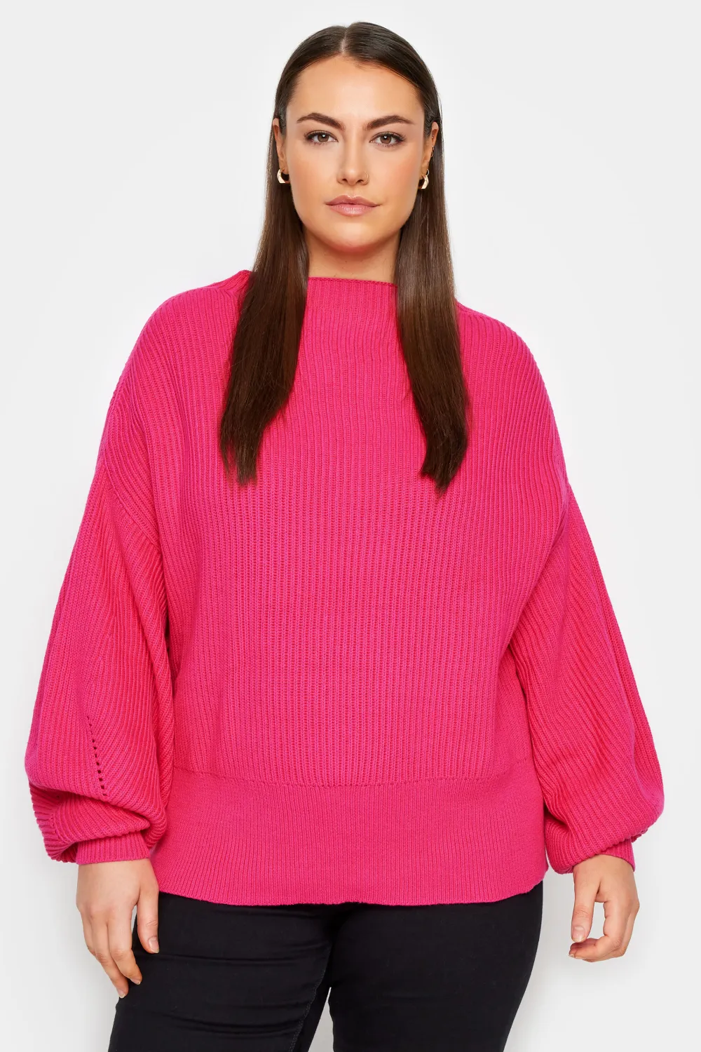 Evans Bright Pink Balloon Sleeve Knitted Jumper