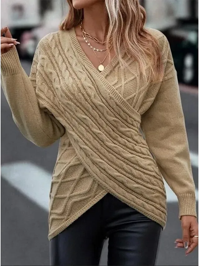 Women's Cable Knit Sweater V Neck Knitted Fall Winter Work Elegant Fashion Daily Long Sleeve Solid Color Pink Camel