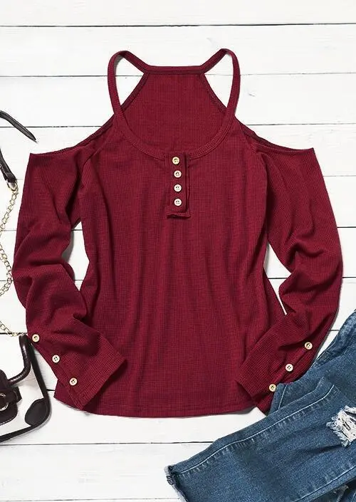Cold Shoulder Button Low Cut Long sleeve Blouse