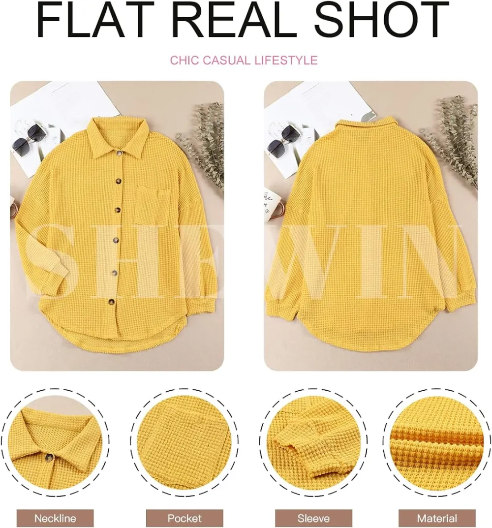 Womens Waffle Knit Button Down Shirts Casual Long Sleeve Shacket Jacket Boyfriend Tops Blouses Loose Fit