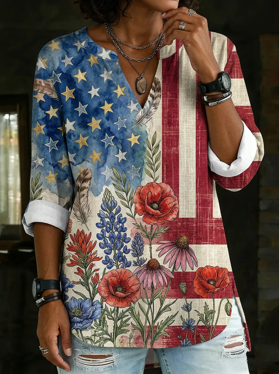 Women's Nashville Patriotic Floral Flag Printed V-neck Top