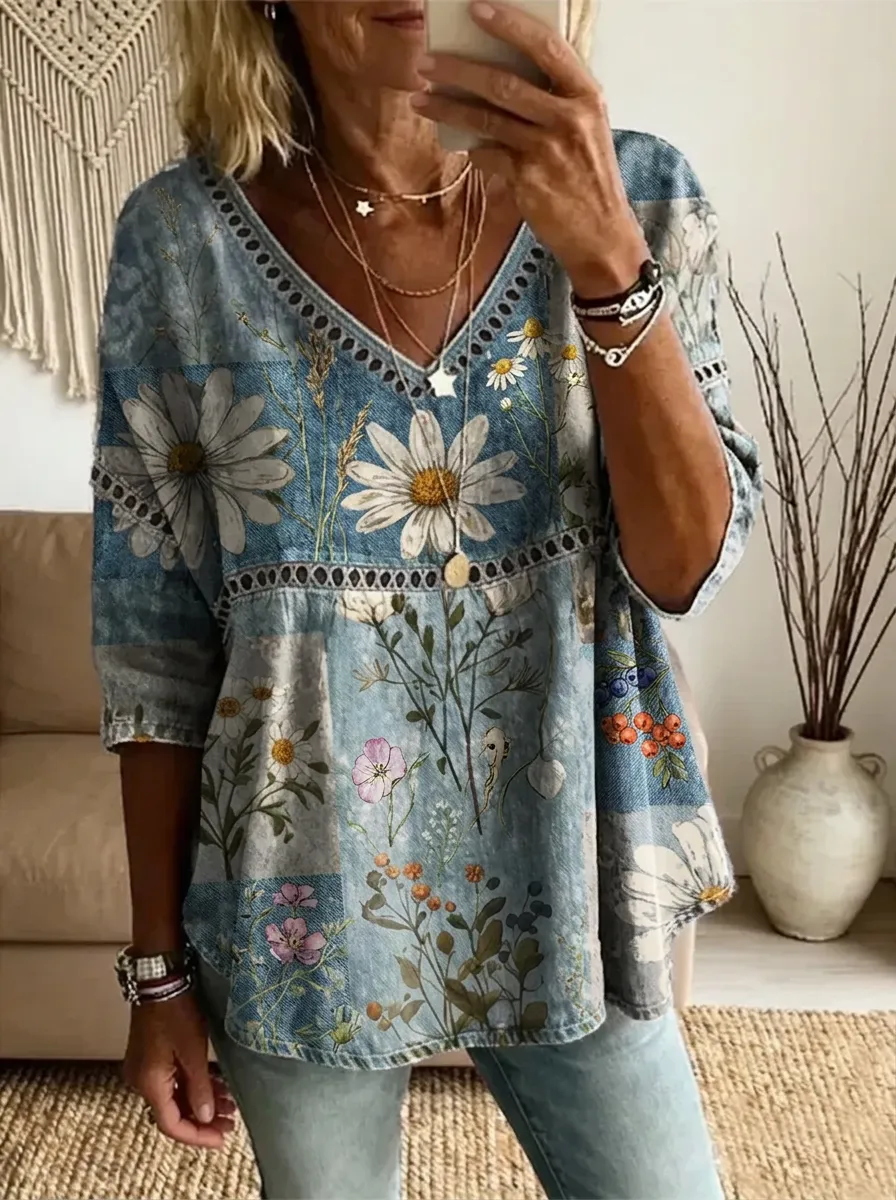 Women's Nashville Floral Daisy Patchwork Printed V-Neck Top