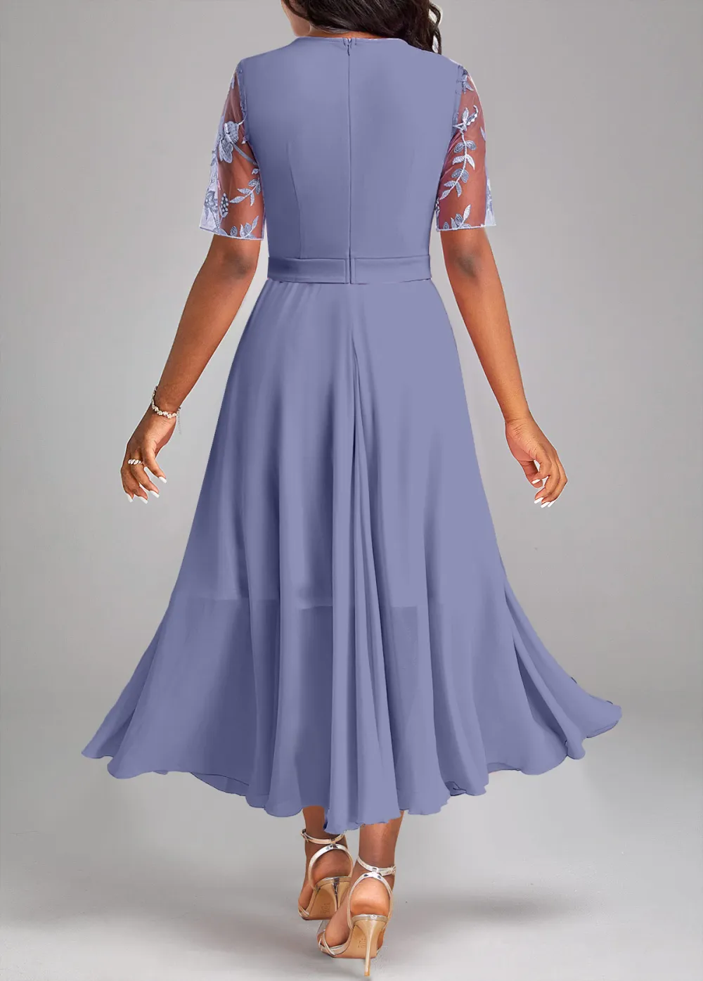 Dusty Blue Embroidery Short Sleeve Round Neck Dress
