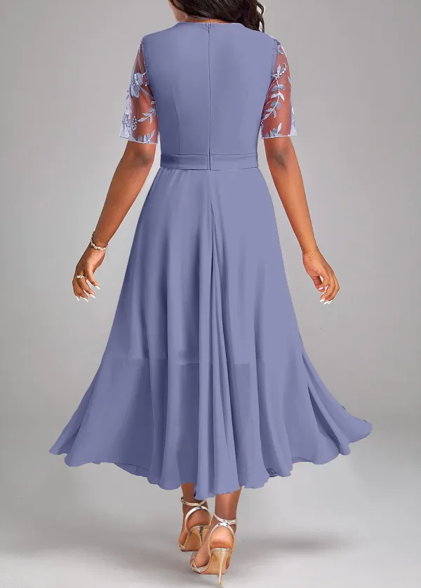 Dusty Blue Embroidery Short Sleeve Round Neck Dress