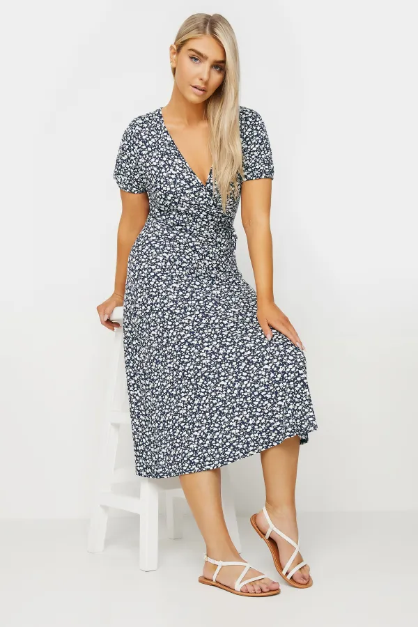 M&Co Navy Blue Ditsy Floral Print Midi Wrap Dress