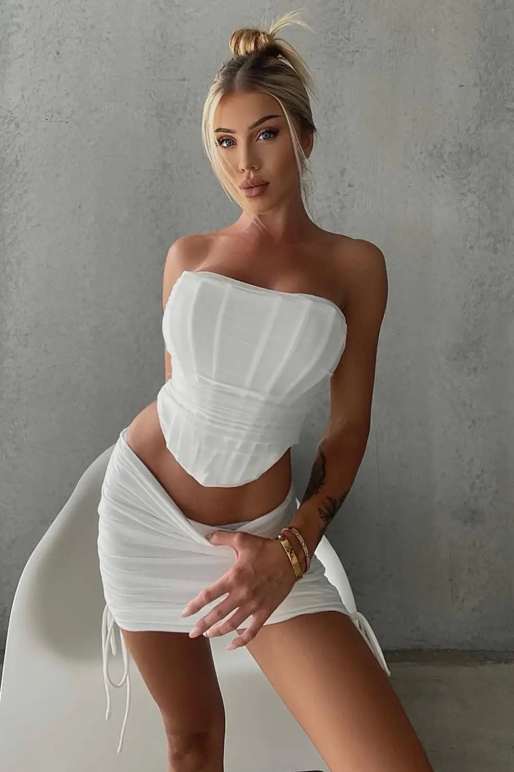 Bombshell Ruched Mini Skirt Set - White