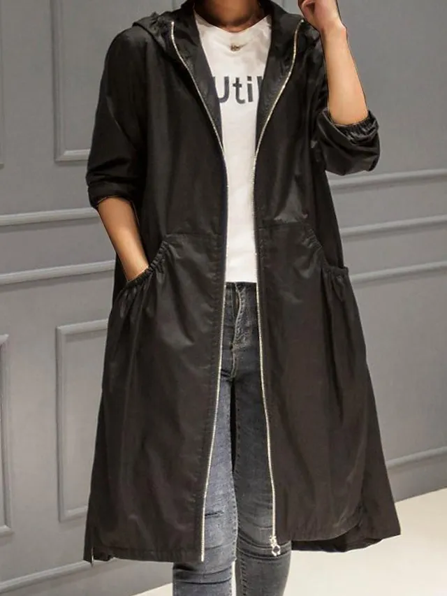 Women's Trench Coat Fall Windproof Outdoor Zipper Plain Maillard Fashion Regular Fit Outerwear Long Sleeve Black M