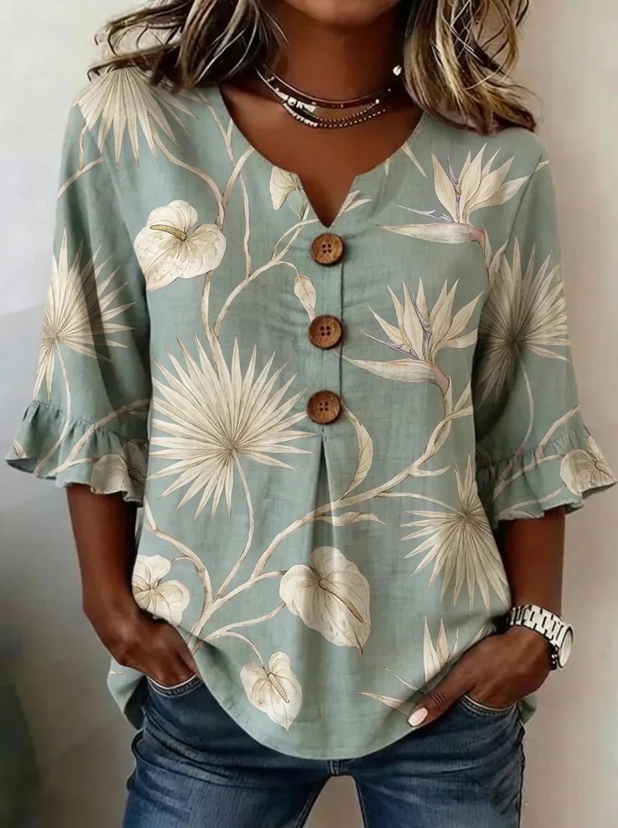 Women's Nashville Tropical Floral Printed Button-Down V-Neck Top
