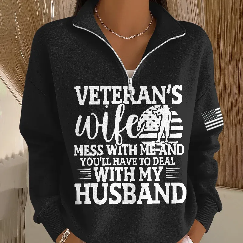 Women's Veteran Art Print Casual Zip-Up Sweatshirt