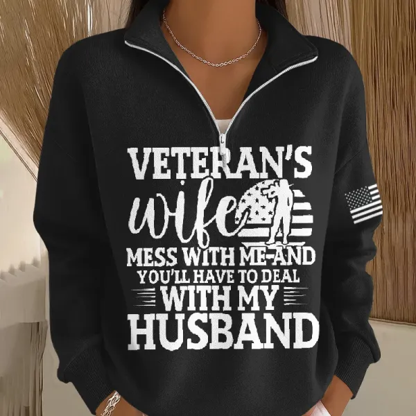 Women's Veteran Art Print Casual Zip-Up Sweatshirt