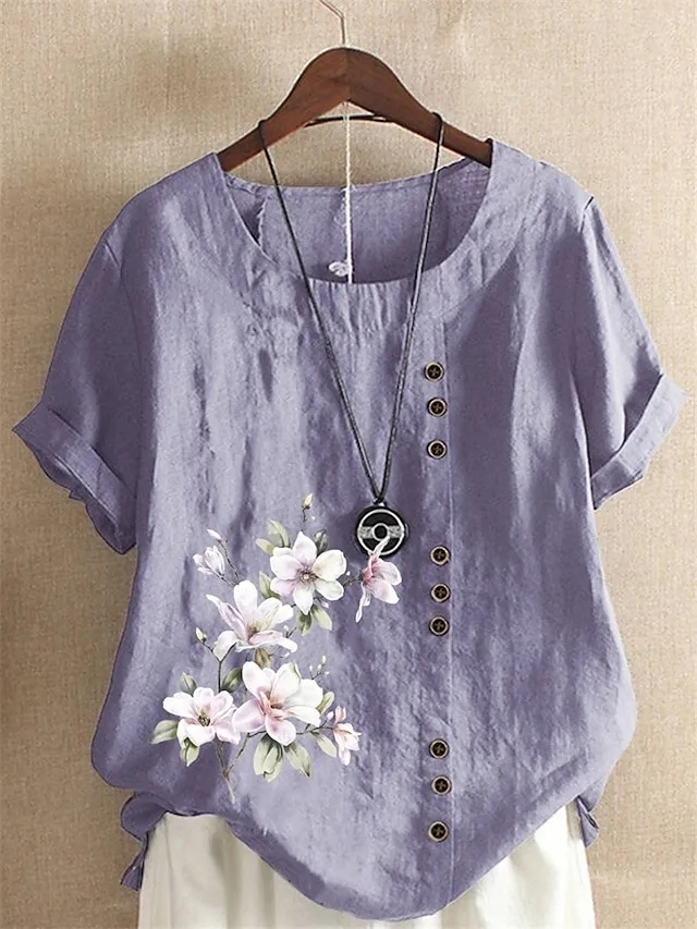 Women's Shirt Linen Shirt Blouse Cotton Linen Floral White Yellow Pink Button Print Short Sleeve Daily Vacation Going out Vintage Holiday Casual Crew Neck Regular Fit Summer Spring