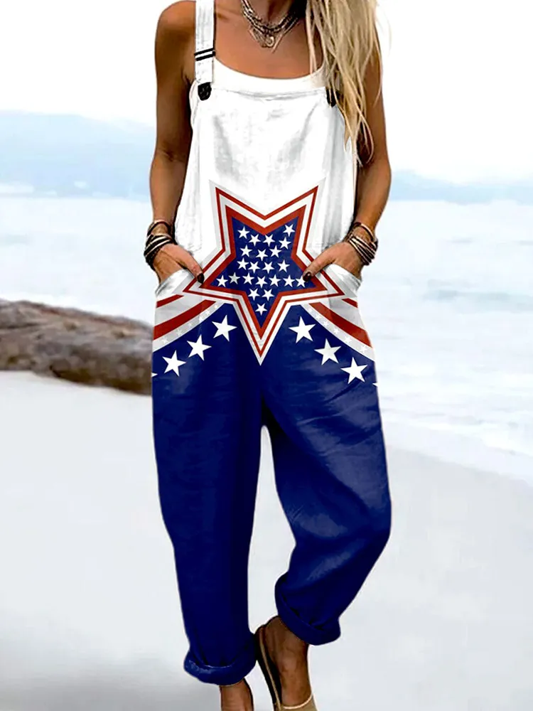 Women's Vintage Independence Day Print Casual Jumpsuit