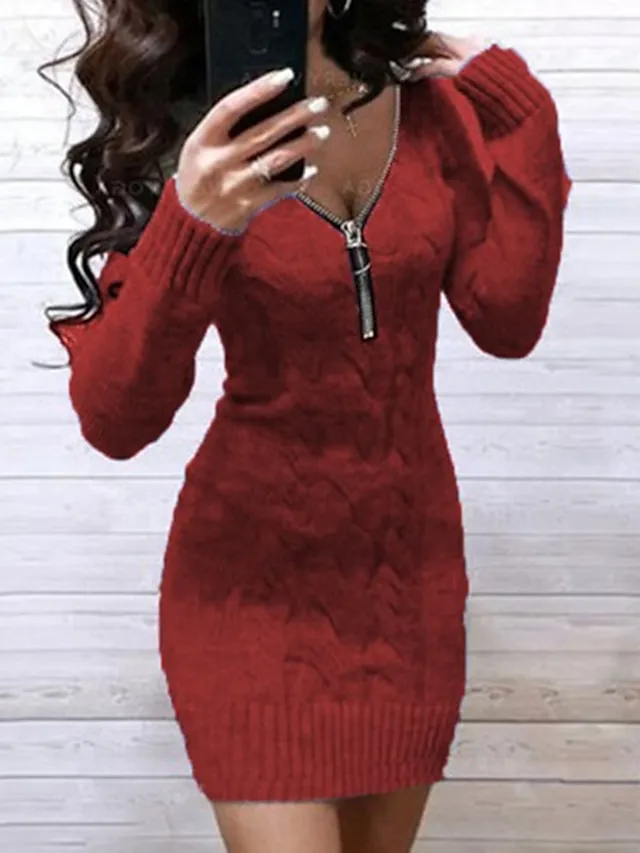 Women‘s Sweater Dress Winter Dress Wine Red Denim Blue Black gray Green Pink Light Gray Light Blue Grey White Long Sleeve Pure Color Jacquard Winter Fall V Neck Casual 2022 S M L XL XXL XXXL