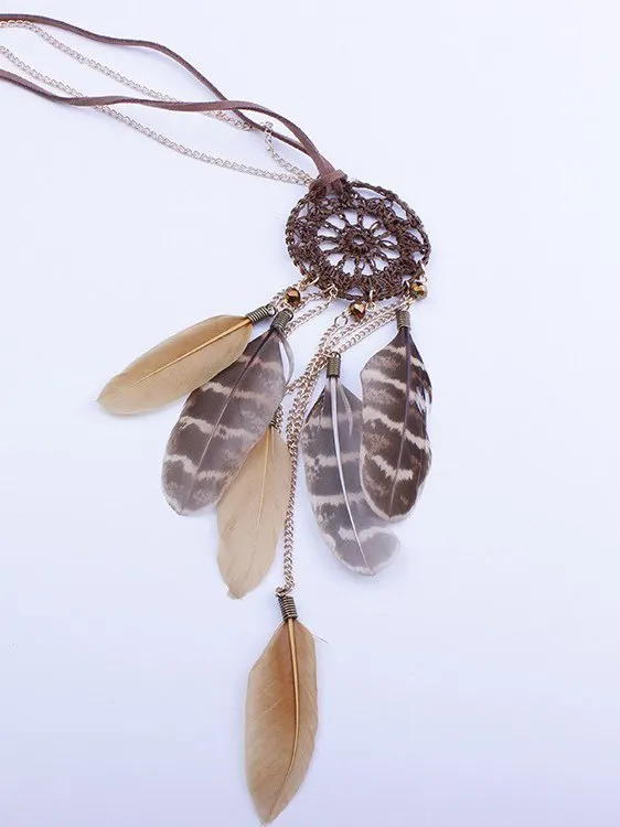 Ethnic Retro Dream Catcher Feather Long Sweater Chain Wool Clothes Necklace