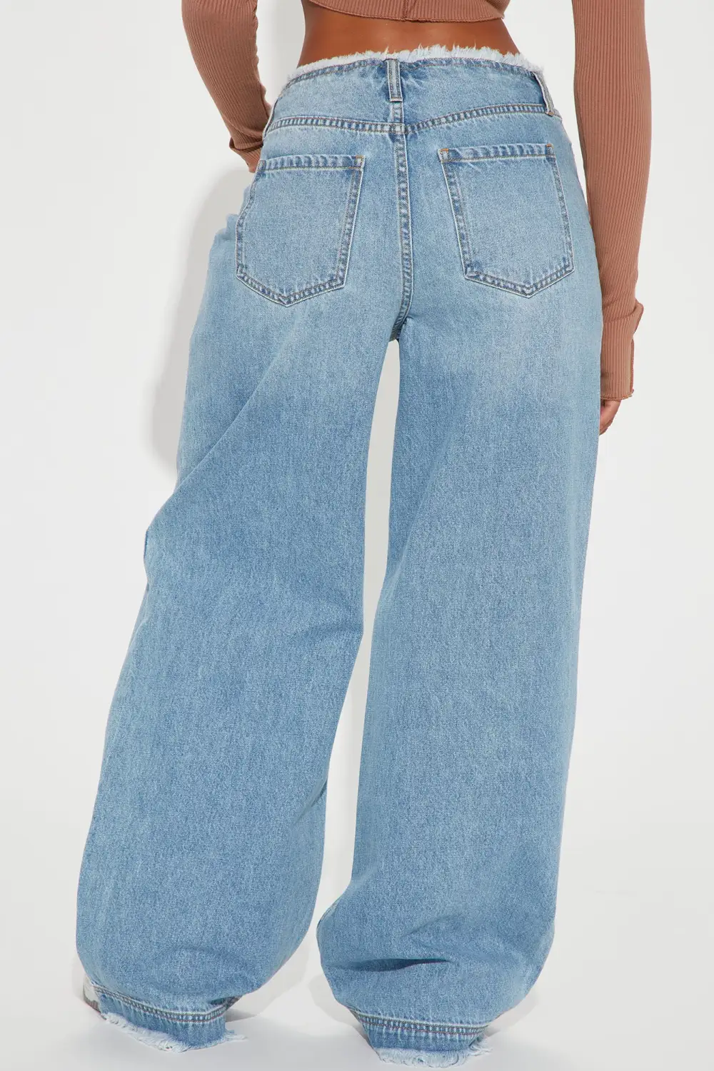 In Your Dreams Cut Off Waistband Baggy Jean - Medium Wash