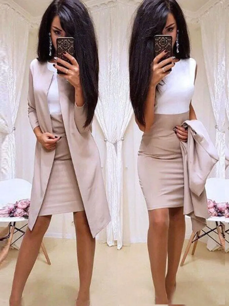Long Sleeve Buttoned Blazer coat and Skirt Set