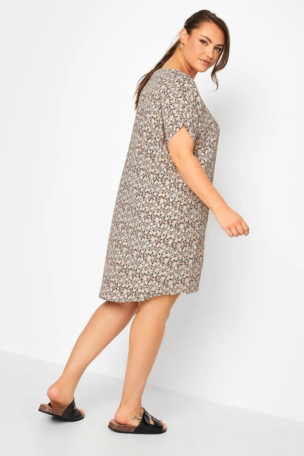 YOURS Curve Brown Ditsy Print Shift Dress