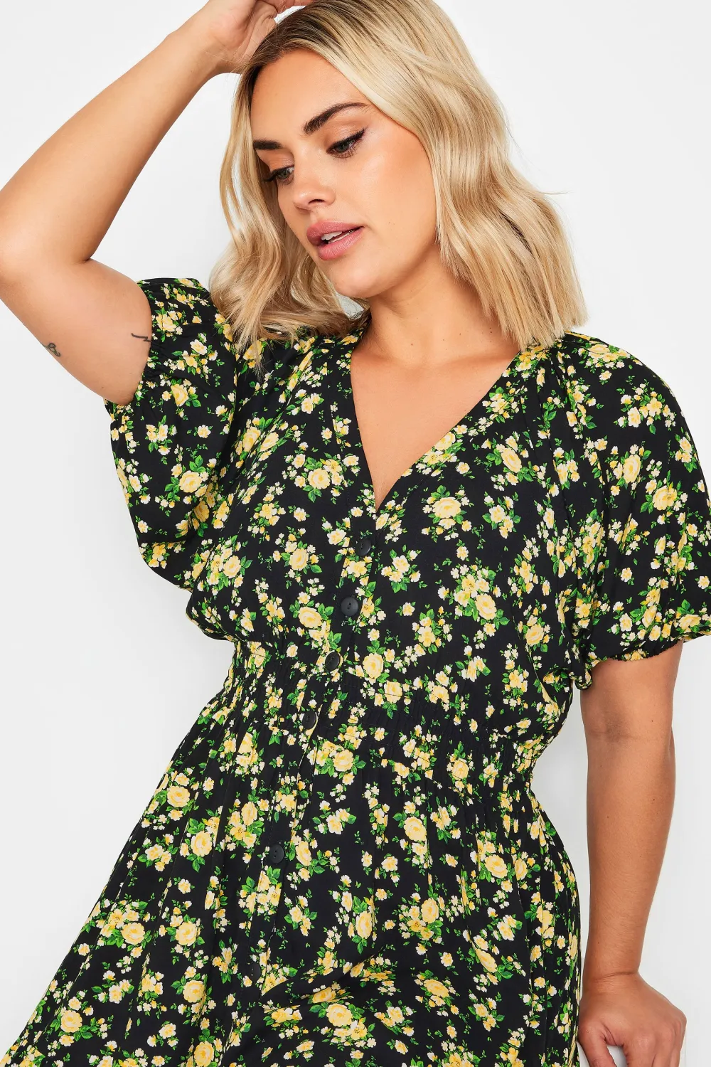 YOURS Curve Yellow Floral Print Button Through Dress