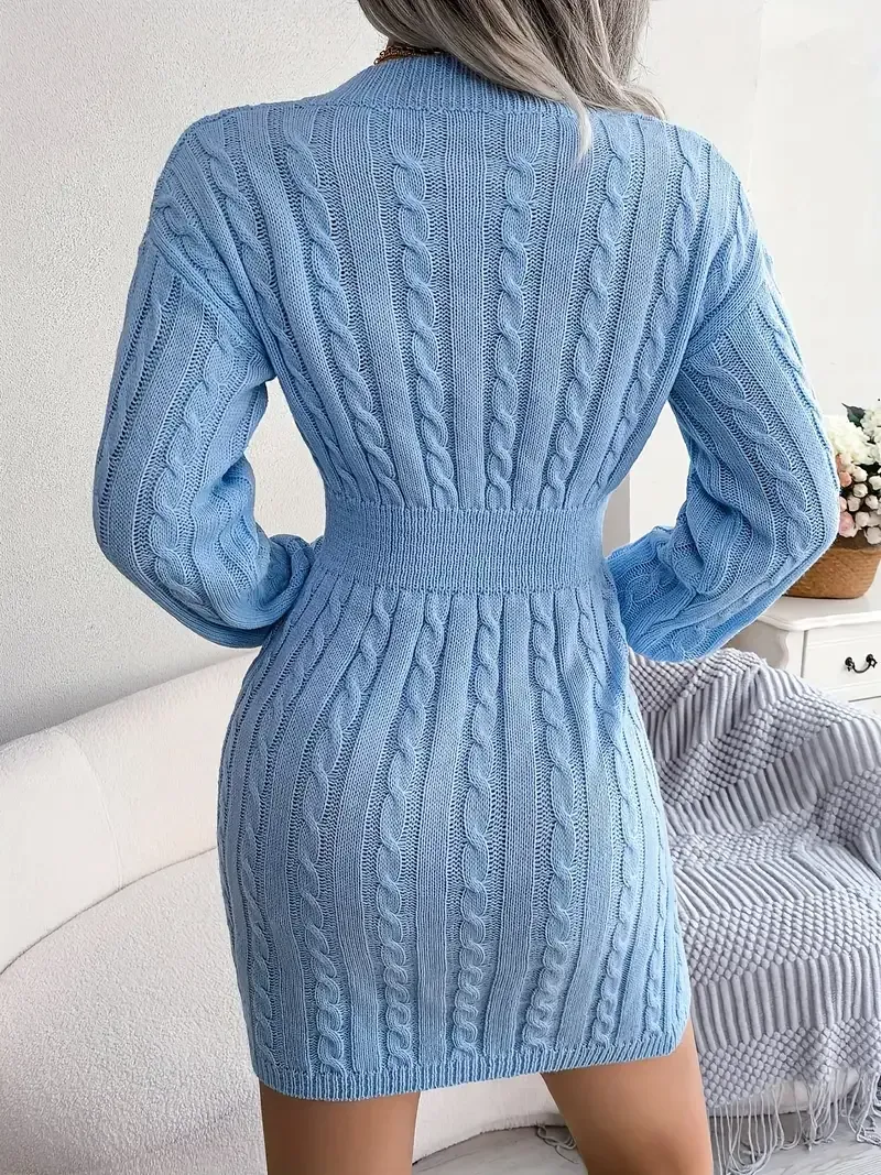 Cable Knit Sweater Dress, Casual V Neck Long Sleeve Bag Hip Dress, Women's Clothing
