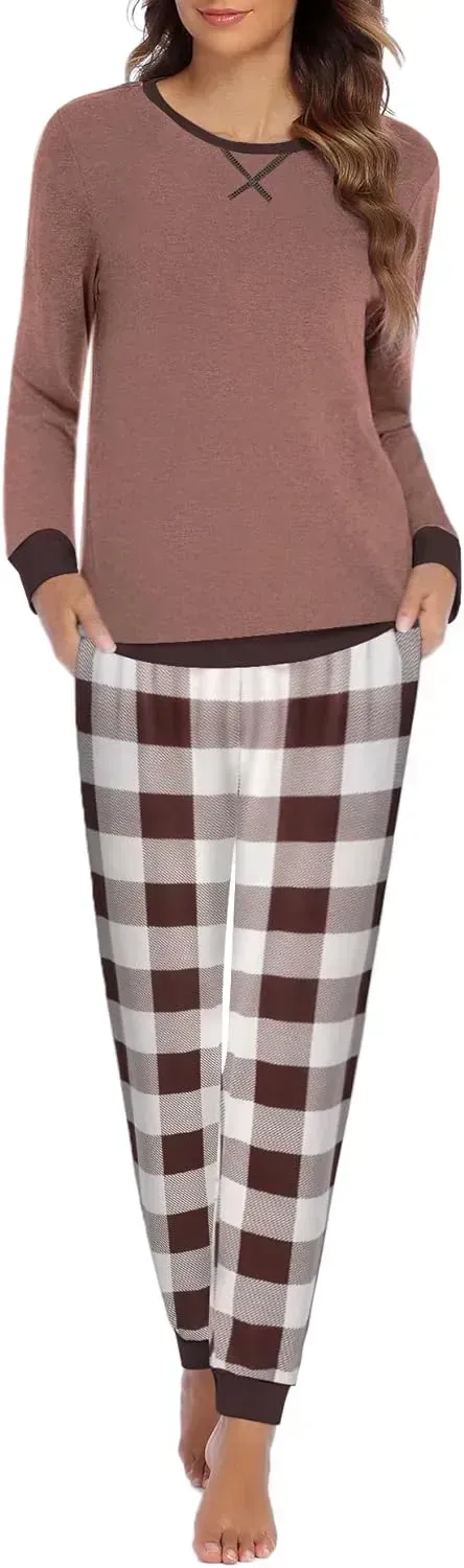 Women's Pajamas Sets Long Sleeve with Plaid Pants Soft Sleepwear O Neck 2 Piece Pjs Joggers Loung Set with Pockets