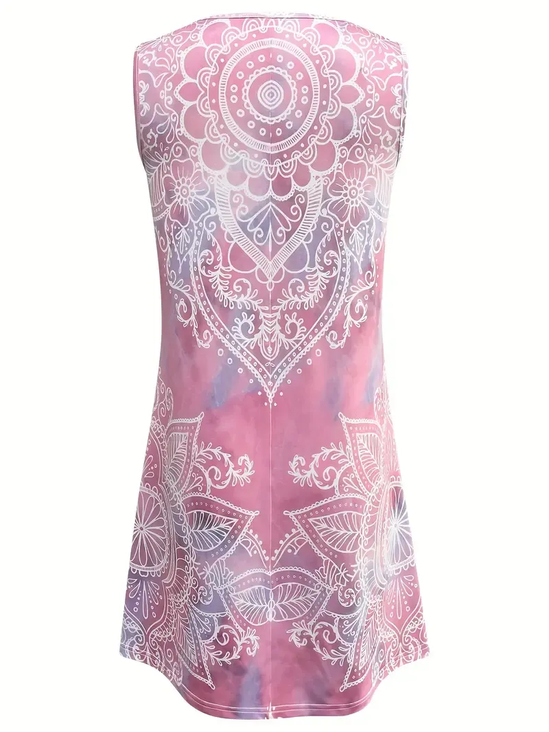 Plus Size Summer Vacation Paisley Print Sleeveless Tank Dress, Polyester Knit Fabric with Medium Stretch, Casual Crew Neck Vest Dress for Women