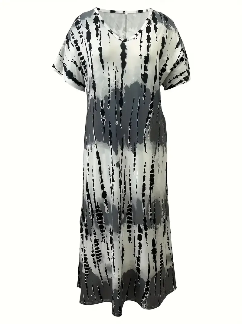 Plus Size Tie Dye Split Dress - Casual Short Sleeve V Neck Dress For Spring & Summer - Women's Plus Size Clothing - For Women Seeking Trendy & Comfortable Summer Outfits - Perfect Gift for Birthday & Vacation