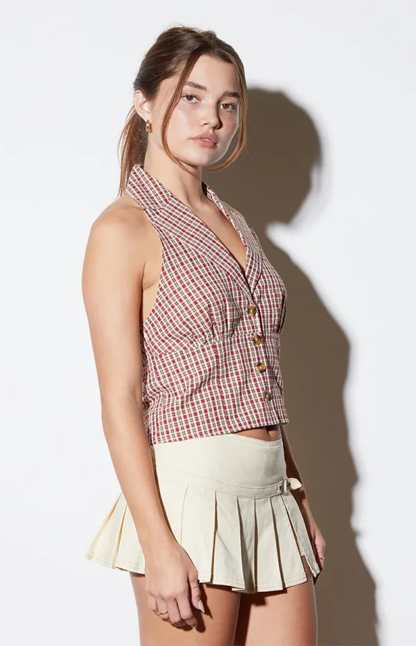 LA Hearts Plaid Button Up Halter Top