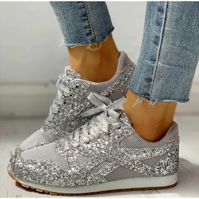 Women's Trainers Athletic Shoes Sneakers Sequins Plus Size Bling Bling Sneakers Outdoor Daily Summer Sequin Platform Flat Heel Round Toe Sporty Classic Casual Tennis Shoes Walking Mesh Lace-up Color