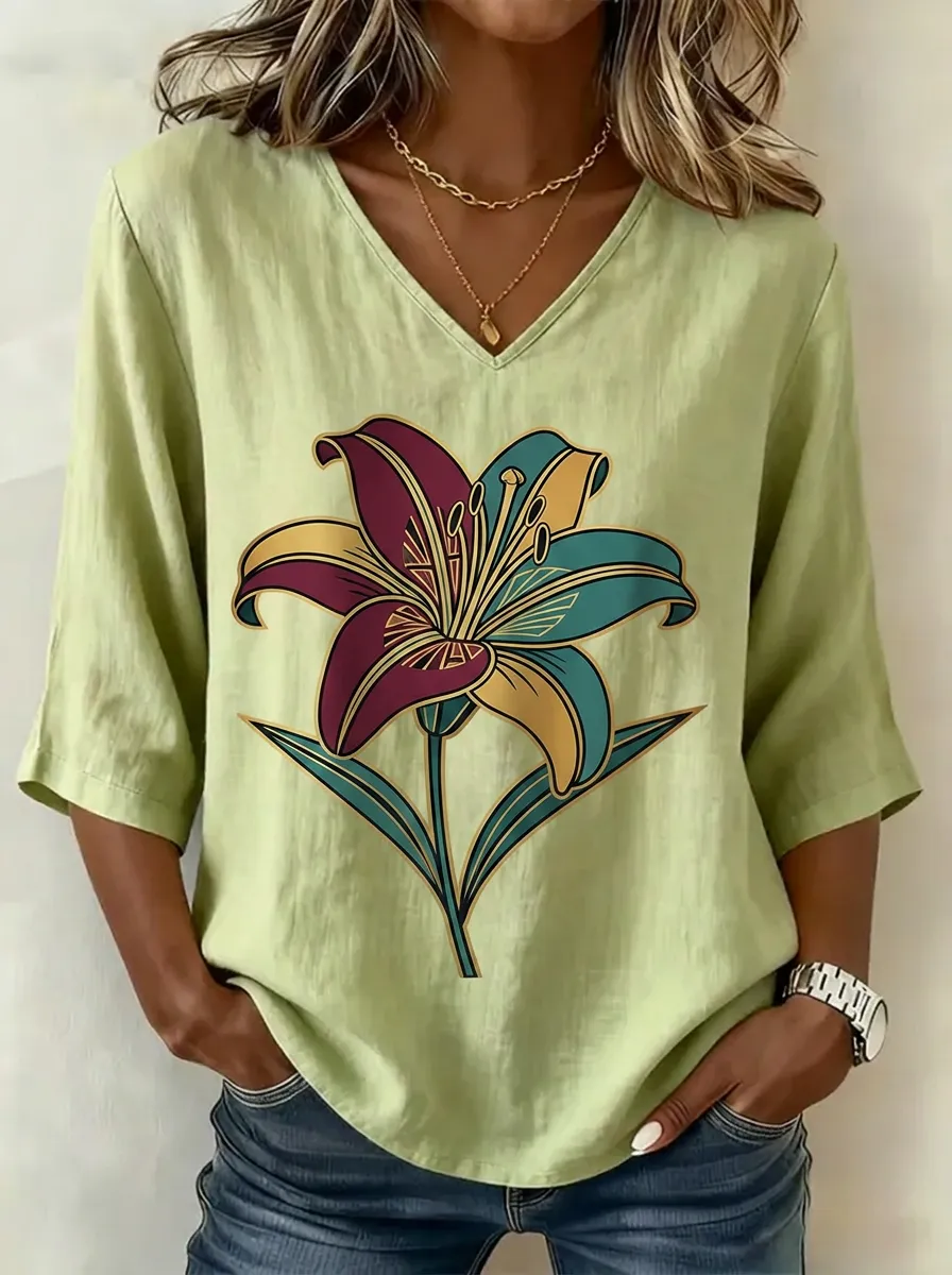 Women's Nashville Floral Lily Printed V-Neck Top