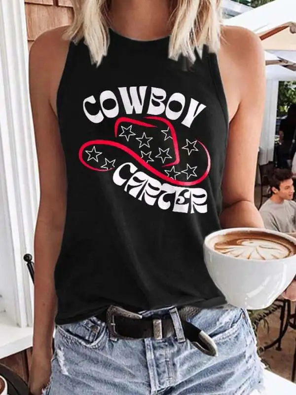 Retro Western Cowboy Hat Print Vest