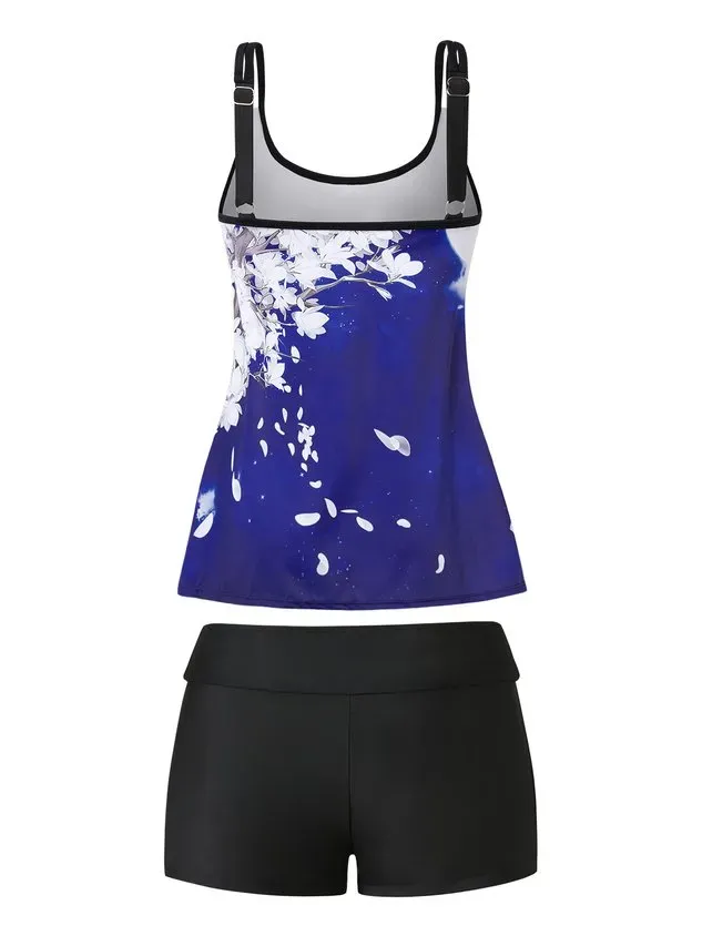 Vacation Floral Printing Scoop Neck Tankinis Two-Piece Set