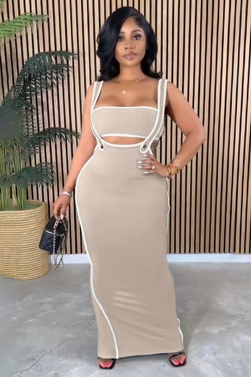 Colorblock Trim Crop Tube Top Bodycon Overall Maxi Dresses Matching Set-Black