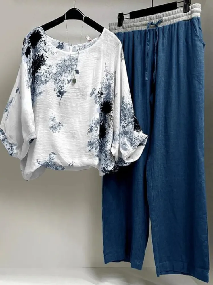Women Cotton Linen Tank Shirt & Pants Relaxed Fit S-5XL Loose Solid Color Pants & Flora Short Shirt  Cotton Linen Two-piece Matching Set