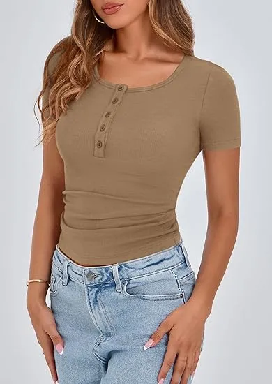 Women's 2025 Summer Short Sleeve Tops Ribbed Knit Henley Button Up Slim Fit Basic Casual T Shirts Blouse