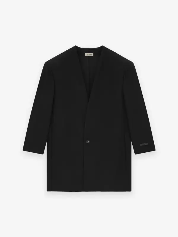 Wool Gabardine Long Lapelless Suit Jacket