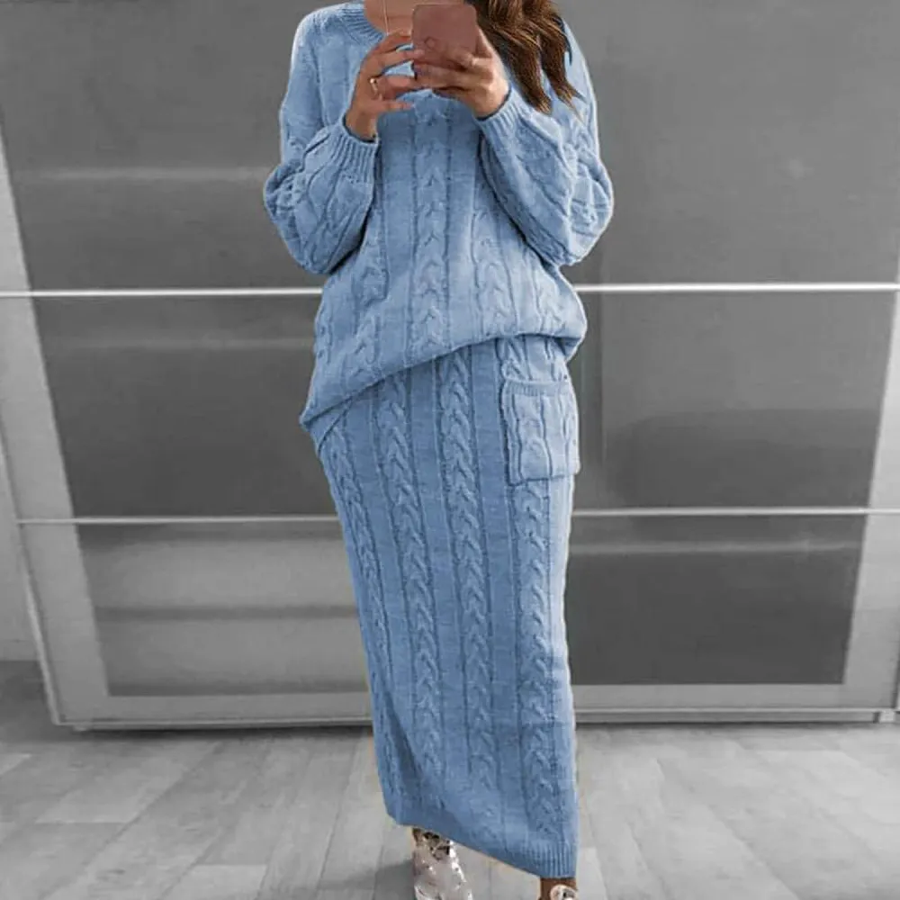 Women 2 Piece Outfits Knitted Sweater Tops and Long Skirt Turtleneck Long Sleeve Bodycon Dress Set Chunky Cable Knit