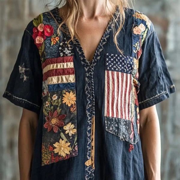 American Flag Inspired Flowers Embroidered Linen Shirt