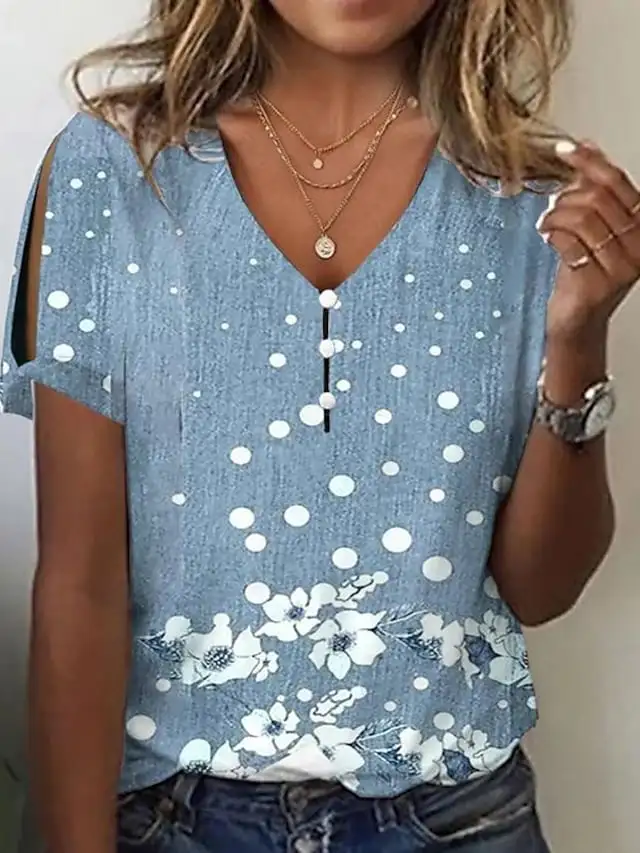 Women's T shirt Tee White Blue Light Blue Floral Button Cut Out Short Sleeve Holiday Weekend Basic Round Neck Regular Floral Painting S