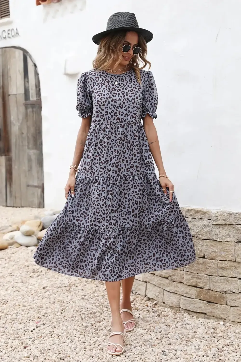 Floral Print Ruffle Puff Sleeve High Waist Midi Dresses