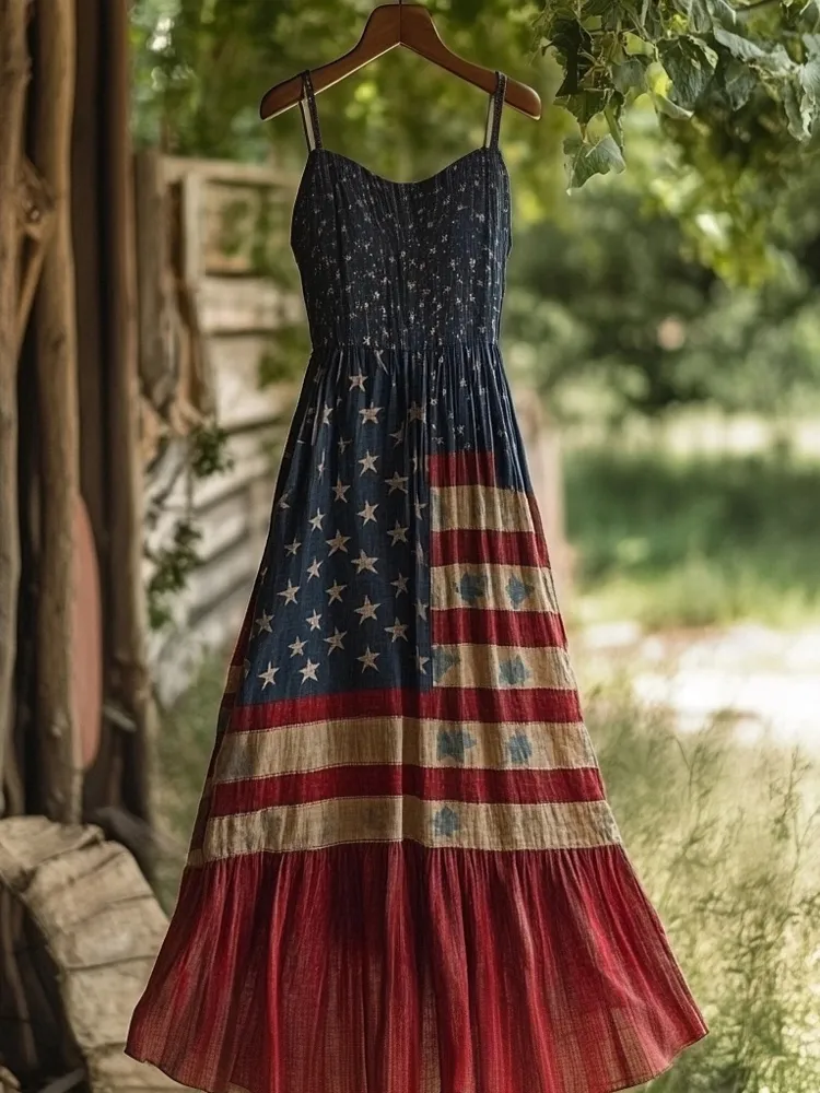 Vintage American Flag Inspired Linen Maxi Cami Dress