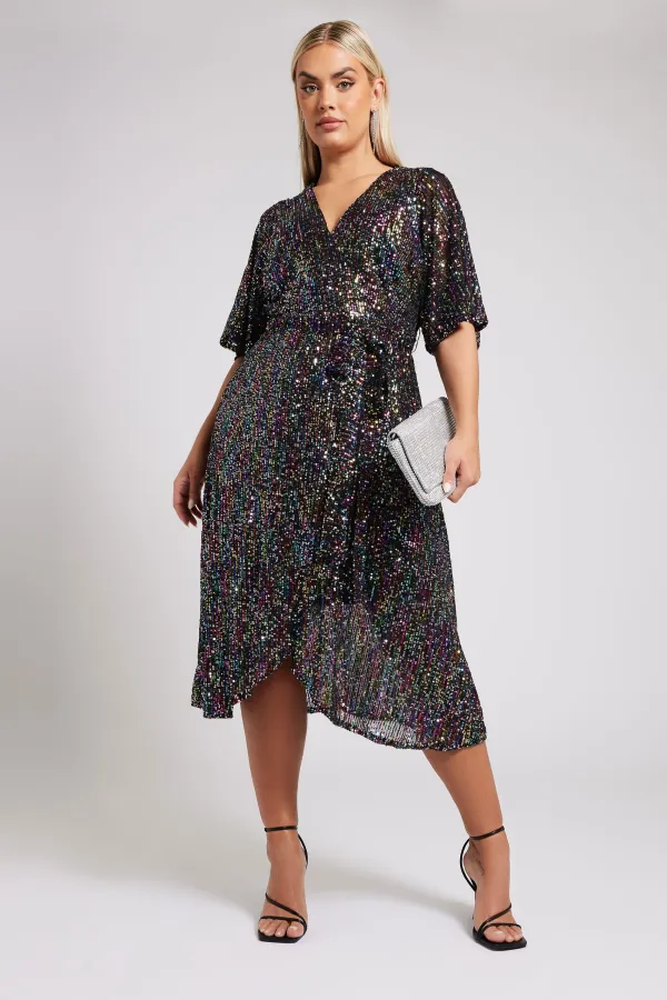 YOURS LONDON Curve Navy Blue Sequin Wrap Dress