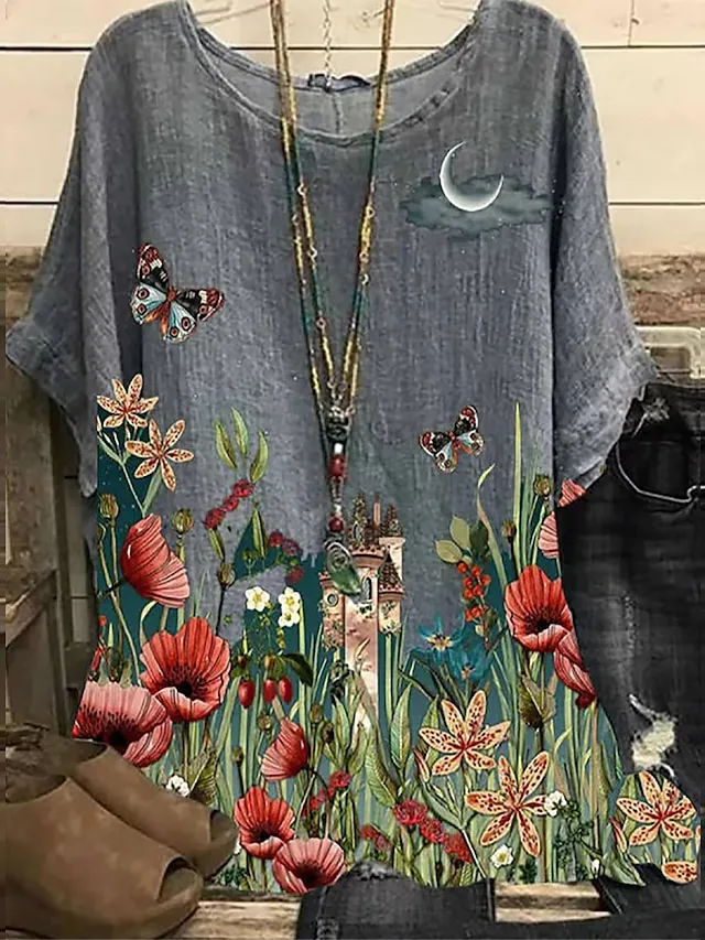 Women's Plus Size Shirt Blouse Floral Heart Lotus Butterfly Dandelion Print Short Sleeve Daily Vacation Vintage Basic Casual Crew Neck Regular Fit Dolman Sleeve Summer Spring