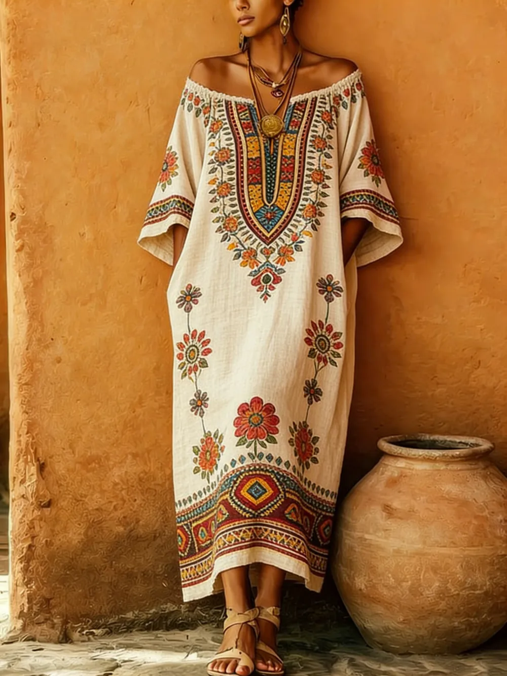 Women's One Shoulder Bohemian Style Vacation Loose Robe Dress