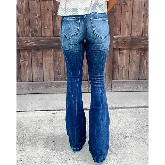 Women‘s Low Rise Jeans Bootcut Distressed Full Length Denim Side Pockets Baggy Micro-elastic High Waist Fashion Casual Work Street Blue S M Fall & Winter